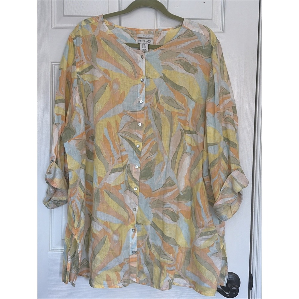 Rachel Zoe 3X Linen Top Button Up Tropical Print Roll Tab Sleeves Beach Summer